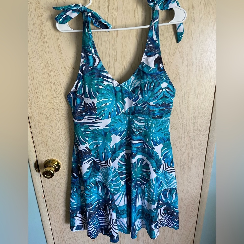 Teal Tropical Tie-Shoulder One-Piece Swimdress